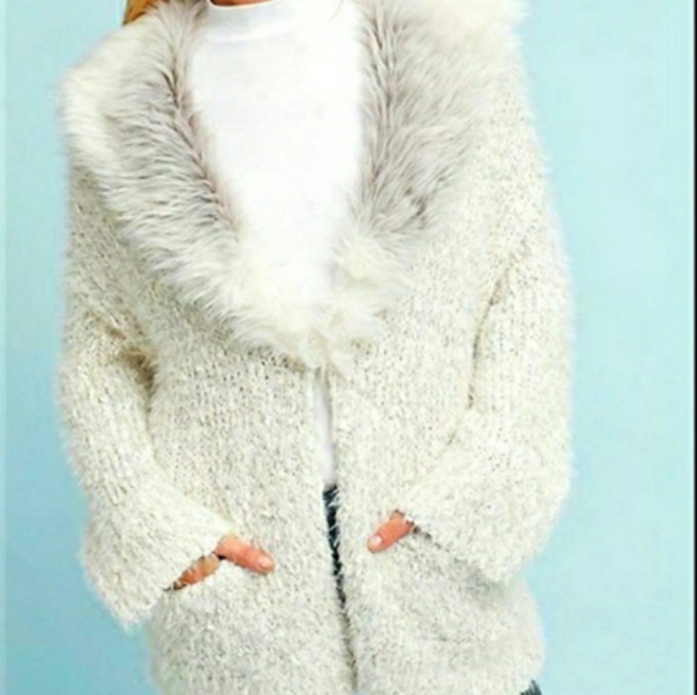 Anthropologie Sleeping On Snow Venla Fluffy Faux Fur Cardigan Cream Silver